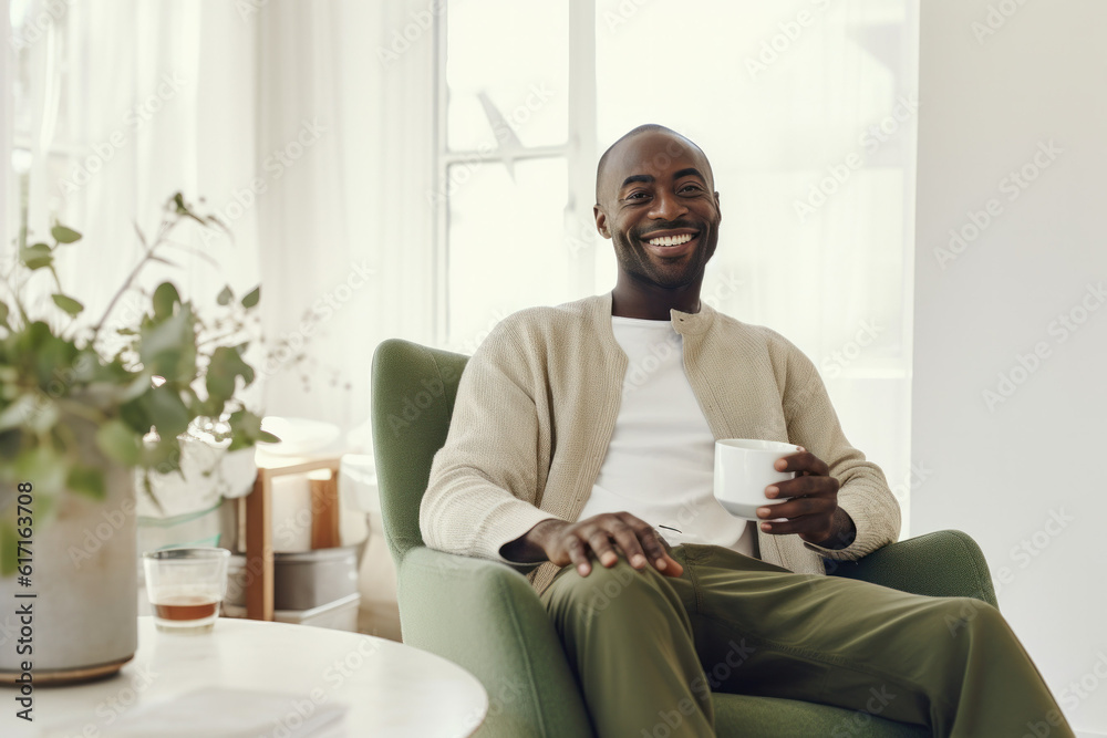 happy person at home drinking coffee ai generated