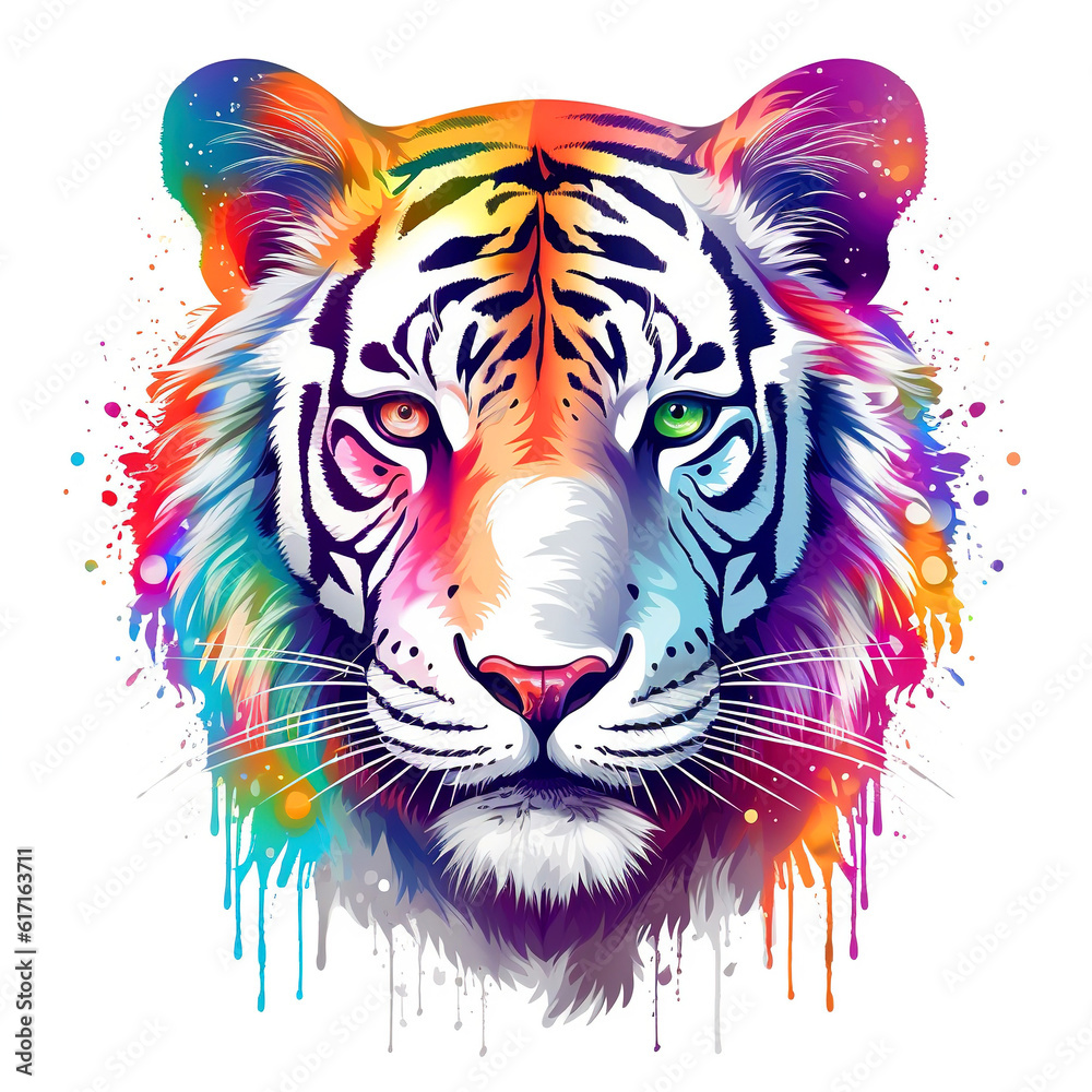 Colorful watercolor painting of a tiger on a white background