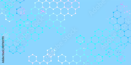 Abstract hexagonal background with molecular structure for design on theme of science and innovation in chemistry, molecular patters, and organization of substances. Vector illustration