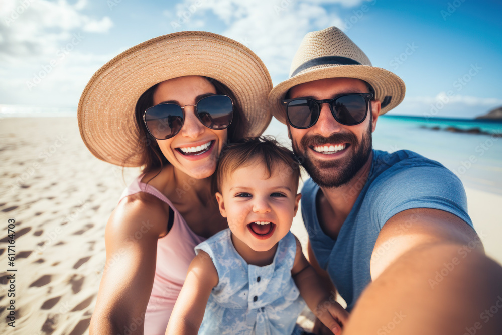 Fototapeta premium Family on a beach making a selfie ai generated