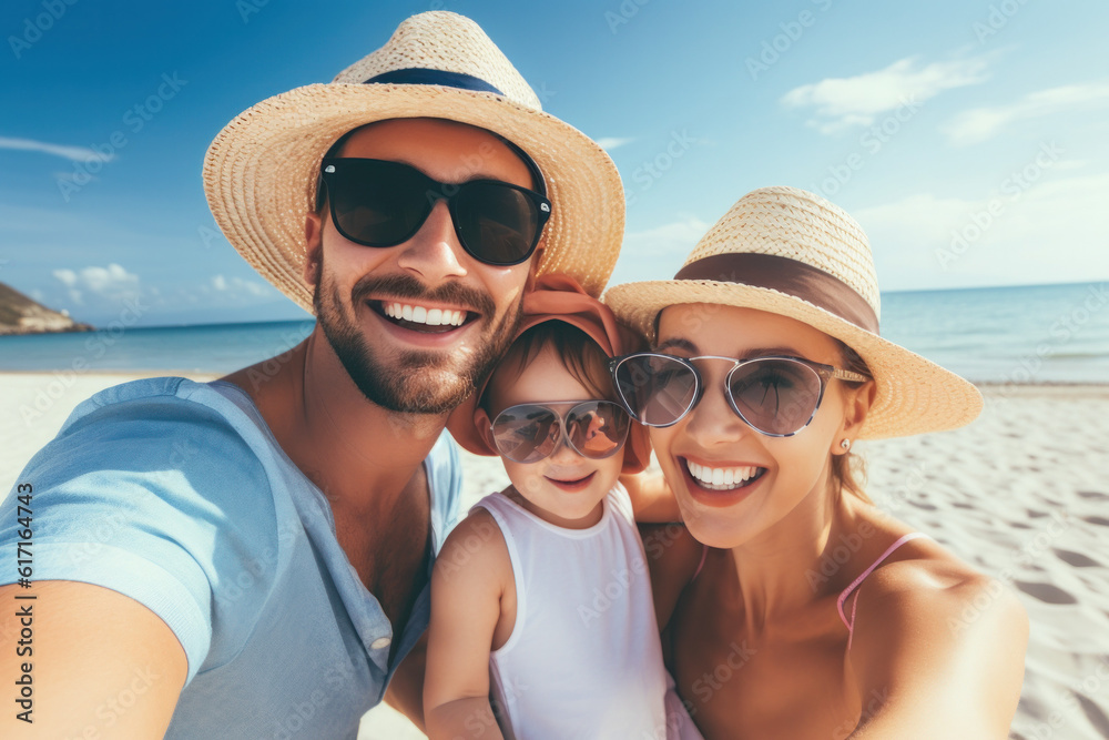 Family on a beach making a selfie ai generated