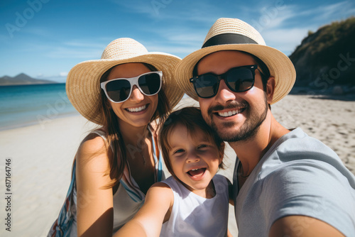 Family on a beach making a selfie ai generated