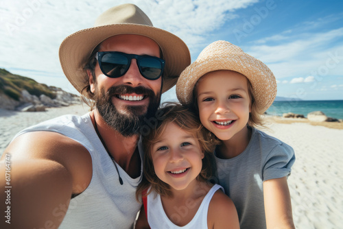 Family on a beach making a selfie ai generated