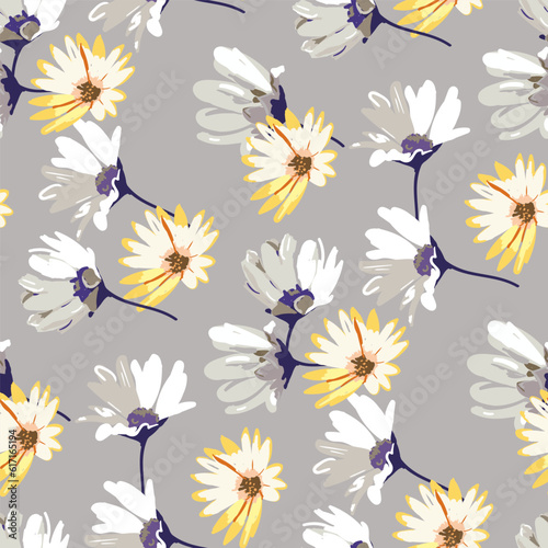 hand drawn vector floral seamless pattern  yellow and white daisies on a light gray background.