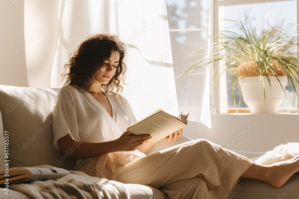 Person reading a book in a modern livingroom ai generated