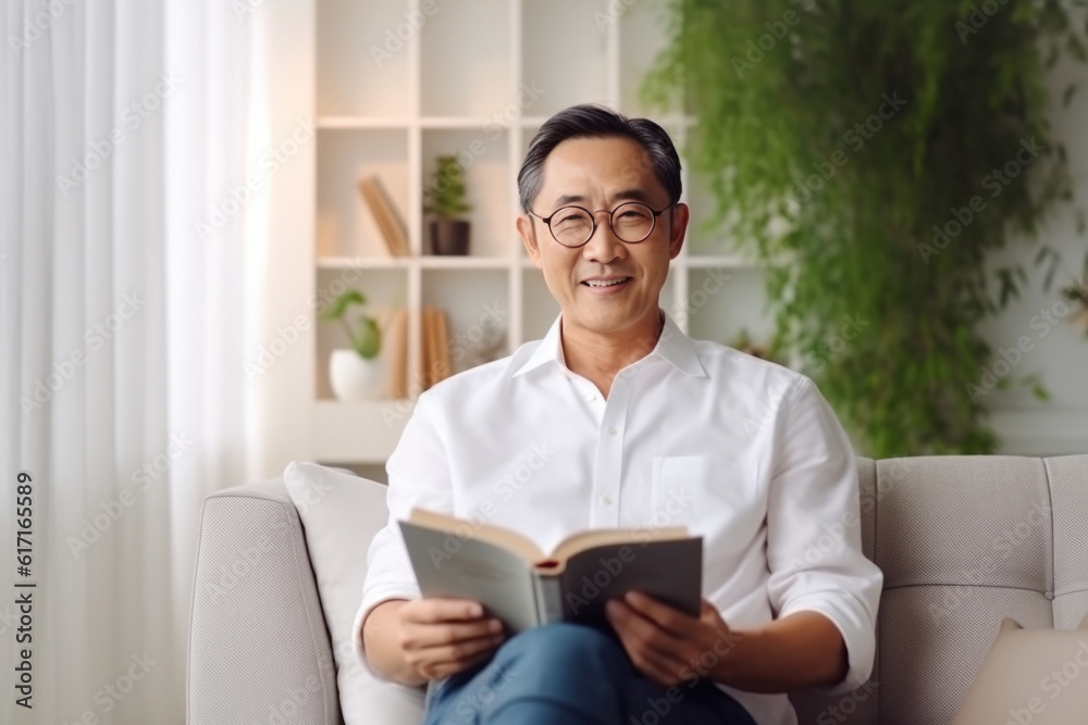 Person reading a book in a modern livingroom ai generated Person reading a book in a modern livingroom ai generated