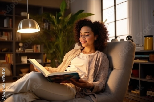 Person reading a book in a modern livingroom ai generated