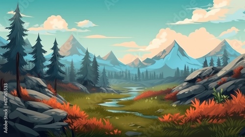 A land with beautiful views  mountains in the background  beautiful vegetation game art