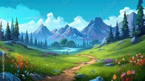 A land with beautiful views  mountains in the background  beautiful vegetation game art