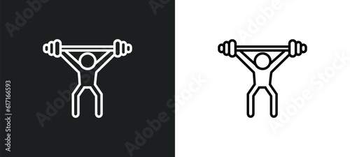 man lifting weight line icon in white and black colors. man lifting weight flat vector icon from man lifting weight collection for web, mobile apps and ui.