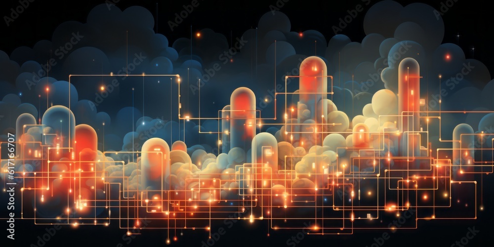 Obraz premium Enigmatic circuitry: ethereal, hovering tubes in the clouds, Generative AI