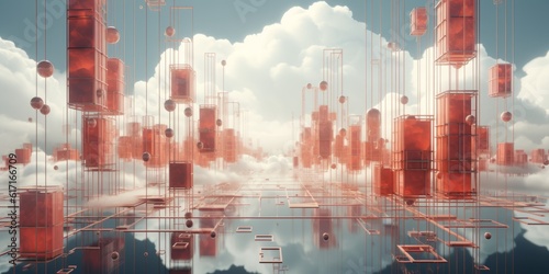 Enigmatic circuitry: ethereal, hovering tubes in the clouds, Generative AI