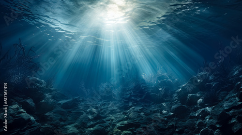 Ocean and the sun underwater, in the style of photorealistic landscapes, gray and blue, dramatic ocean wallpaper. 