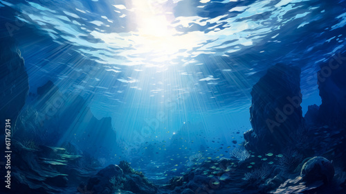 Ocean and the sun underwater, in the style of photorealistic landscapes, gray and blue, dramatic ocean wallpaper. 