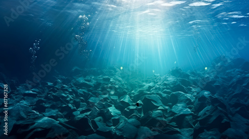 Ocean and the sun underwater, in the style of photorealistic landscapes, gray and blue, dramatic ocean wallpaper.  © Saulo Collado
