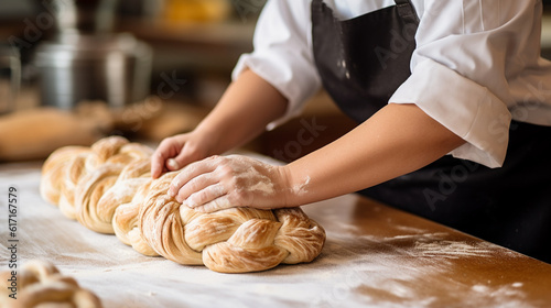 A baker skillfully shaping dough into intricate braids, twists, and rolls, turning simple ingredients into beautifully textured and flavorful baked goods Generative AI