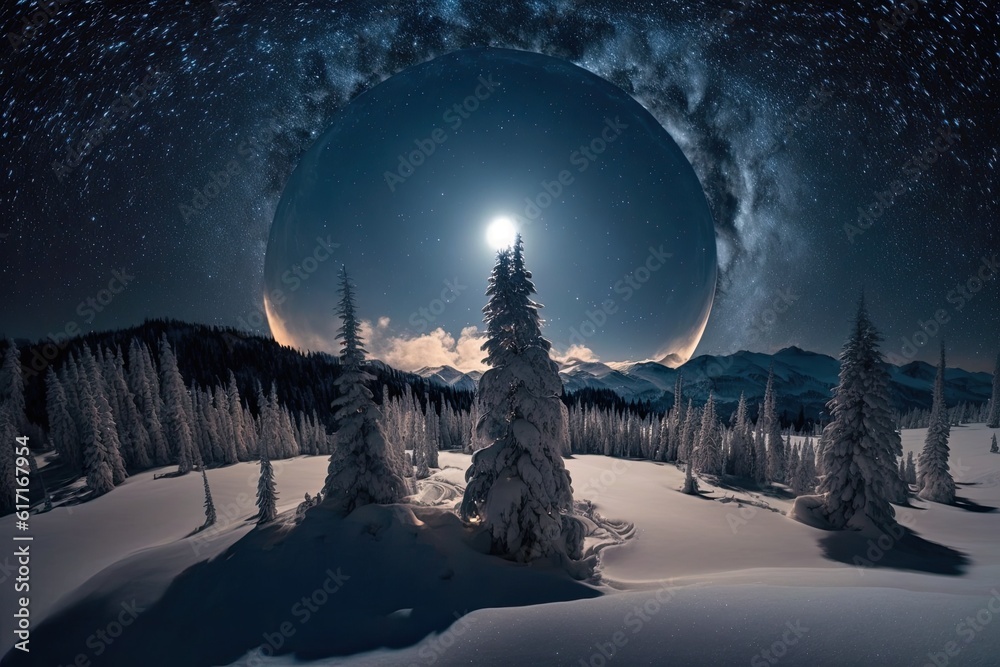 wintry landscape with trees under a full moon. Generative AI