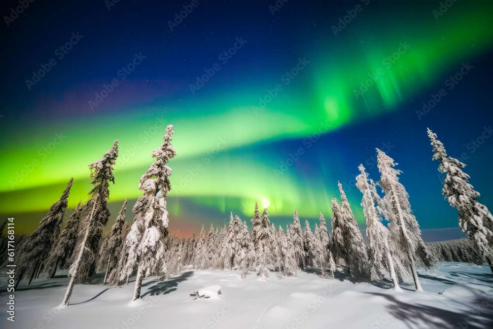 Finland's Lapland: a captivating canvas painted by the mesmerizing Aurora borealis. Generative AI.