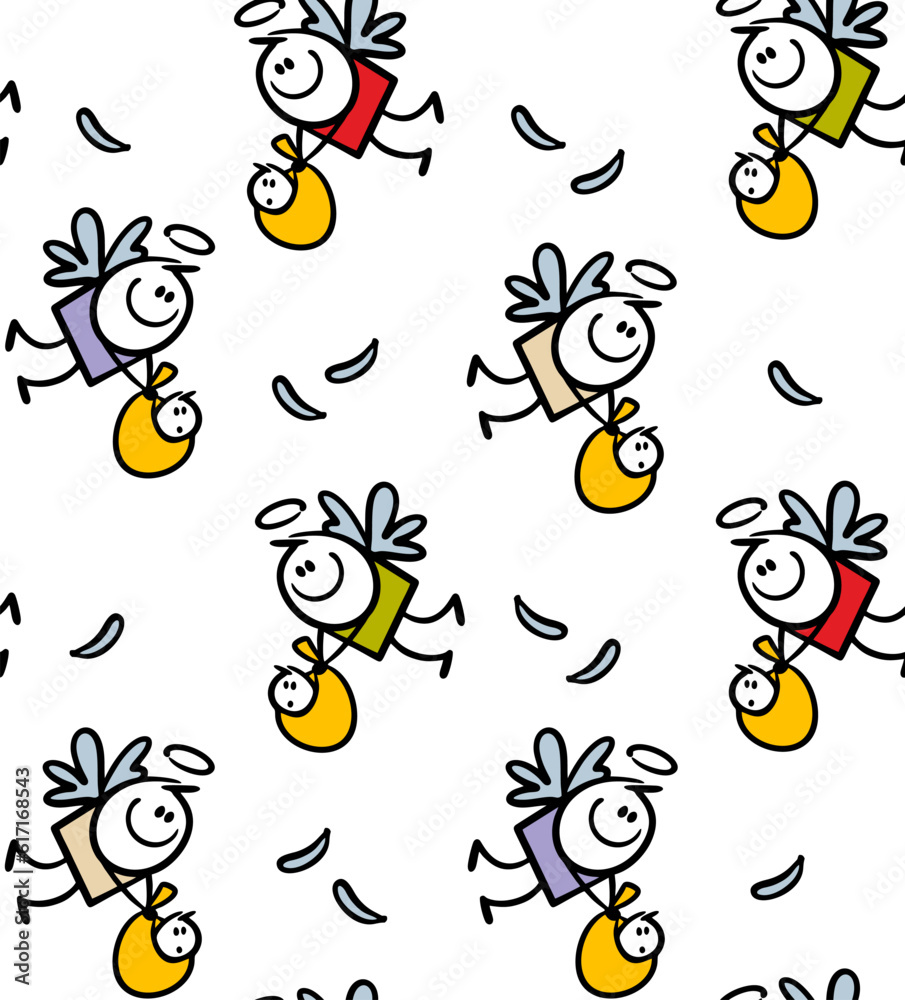Seamless pattern of cute angel from heaven carries bag with newborn baby. Vector endless wallpaper for children decor with flying character. Seamless pattern of cute angel from heaven carries bag with newborn baby. Vector endless wallpaper for children decor with flying character.