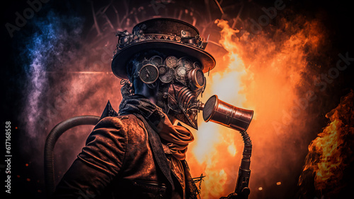 A steampunk style head with smoke and flames. 8K resolution wallpaper. Generative AI.