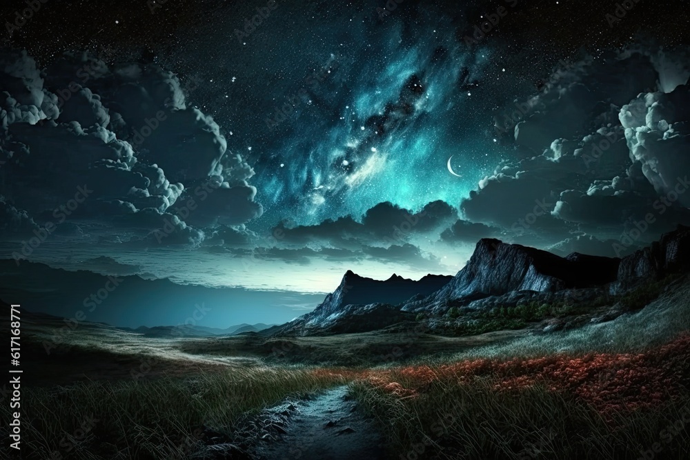 majestic mountain under a starry night sky with clouds and twinkling ...