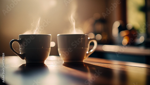 couple white coffee cups with smokes on wooden table in, Generative AI