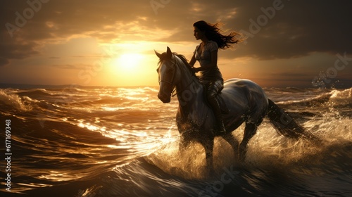 girl riding a horse through the waves of the ocean summer feeling - sunset photography