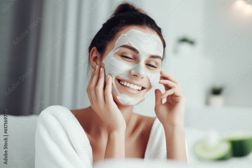 Happy and smiling young woman with facial mask on her face Happy and smiling young woman with facial mask on her face