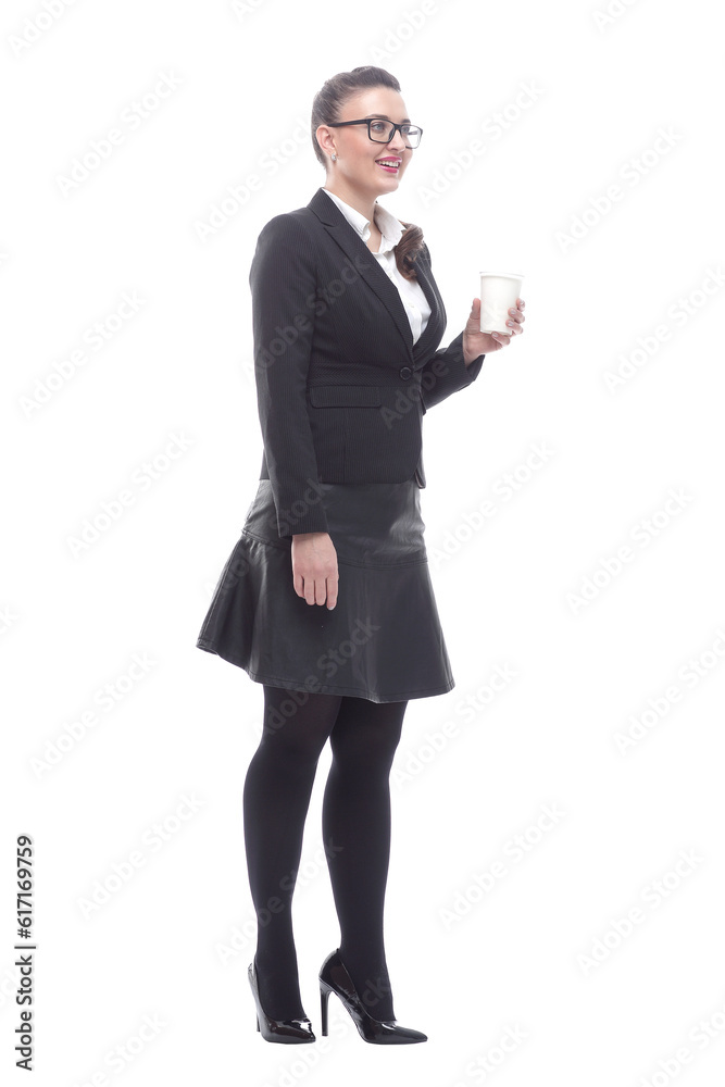 in full growth. a smiling businesswoman with a takeaway coffee in full growth. a smiling businesswoman with a takeaway coffee