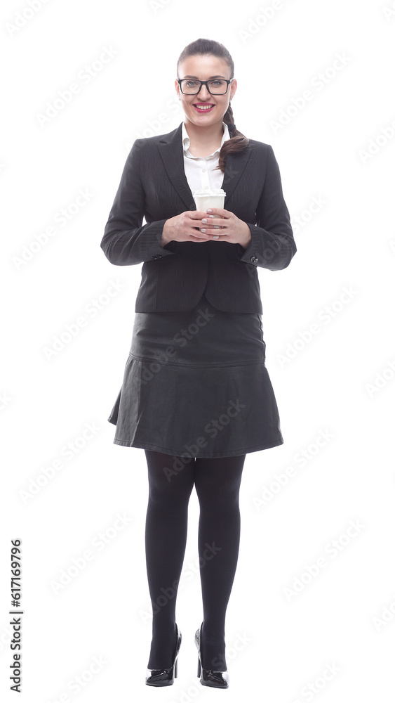 in full growth. a smiling businesswoman with a takeaway coffee in full growth. a smiling businesswoman with a takeaway coffee