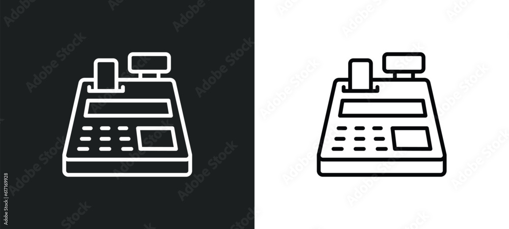 cash register line icon in white and black colors. cash register flat vector icon from cash register collection for web, mobile apps and ui. - obrazy, fototapety, plakaty 