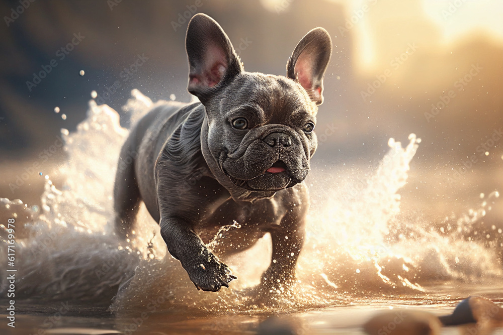 french bulldog grey running on beach water splash close, Generative AI