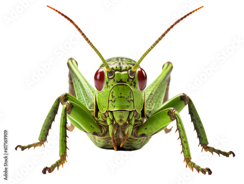Fototapeta Green grasshopper locust from the front isolated - Generative AI