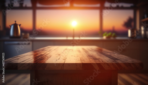 empty wooden table on kitchen with blurry background sun  Generative AI