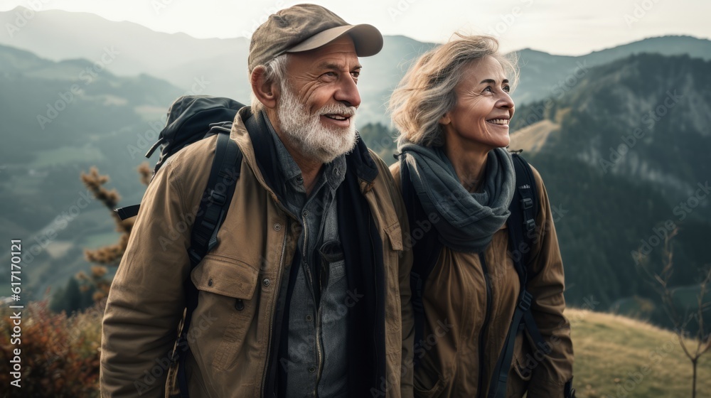 Portrait of an cheerful active senior Caucasian couple hiking in the mountains with backpacks and hiking poles, enjoying their adventure. Created with Generative AI technology.