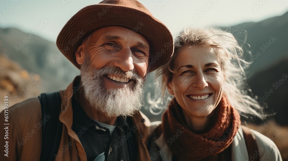 Portrait of an cheerful active senior Caucasian couple hiking in the mountains with backpacks and hiking poles, enjoying their adventure. Created with Generative AI technology.