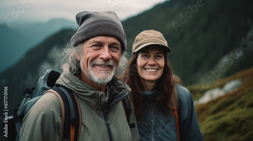 Portrait of an cheerful active senior Caucasian couple hiking in the mountains with backpacks and hiking poles, enjoying their adventure. Created with Generative AI technology.