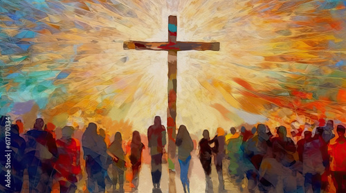 Obraz na plátně Many people around the cross, christian concept, modern painting, generative ai