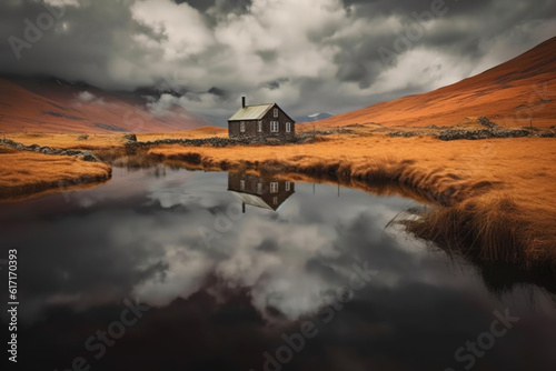 A lonely house at the lake in autumn. Generative AI. © britaseifert