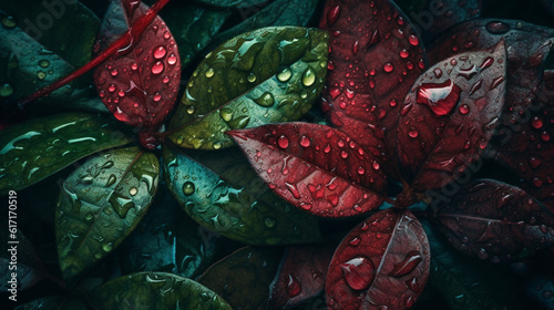 green and red leaves seamless background visible drops, Generative AI