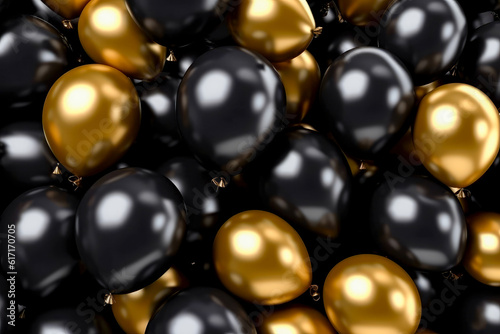 Background with gold and black balloons, generative ai