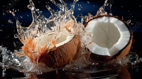 Juicy ripe coconuts, coconut milk. Coconut drink splash. Products with coconut. Juicy coconut in water splash creative vector illustration. Juicy fruits and juice. Water drops.