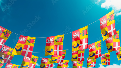 Flag of Auvergne-Rhone-Alpes - France against the sky, flags hanging vertically