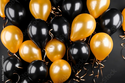 Background with gold and black balloons, generative ai