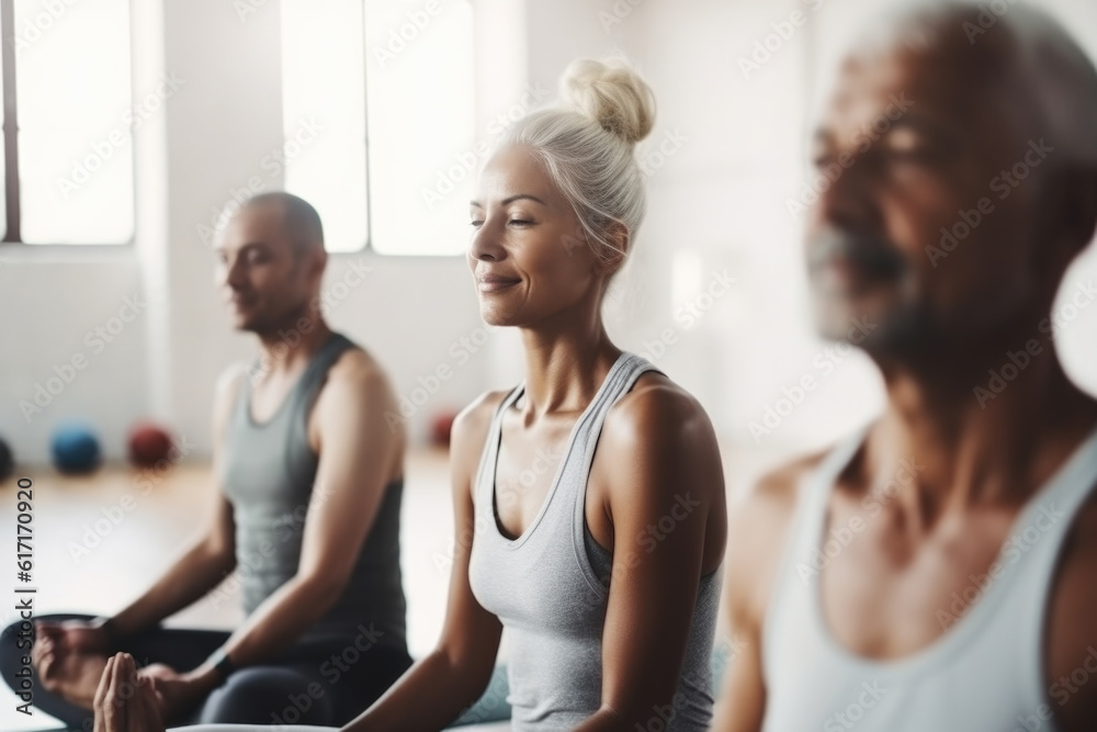 Group of mixed race smiling people practicing yoga in the gym, close up Group of mixed race smiling people practicing yoga in the gym, close up