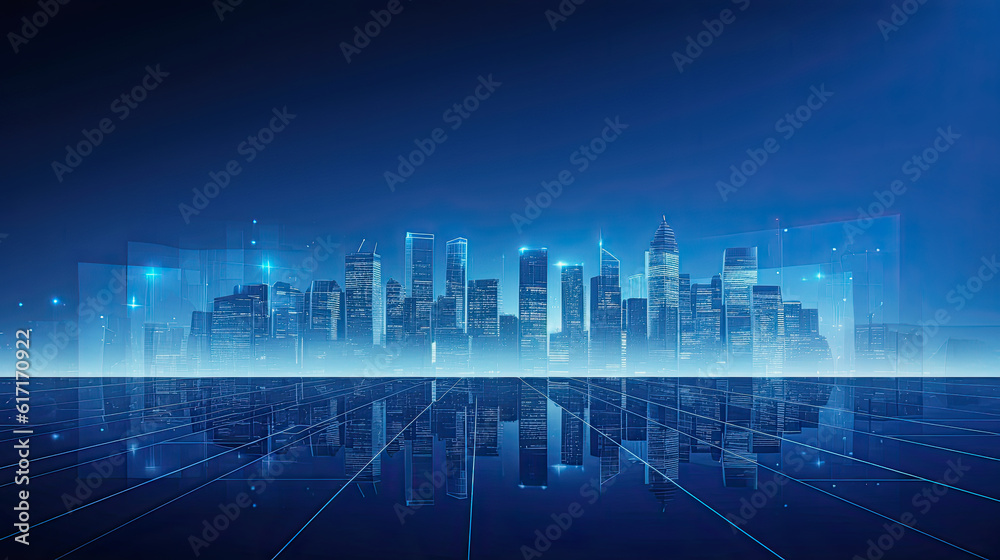 generative ai illustration of a blue modern business background with abstract metropolis in background and copy space