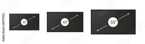 Realistic screen 32, 43, 55 inches collection. Screen inches size. Screen diagonal size in 32, 43, 55 inches. Screen icon set in realistic style on transparent background. Vector illustration