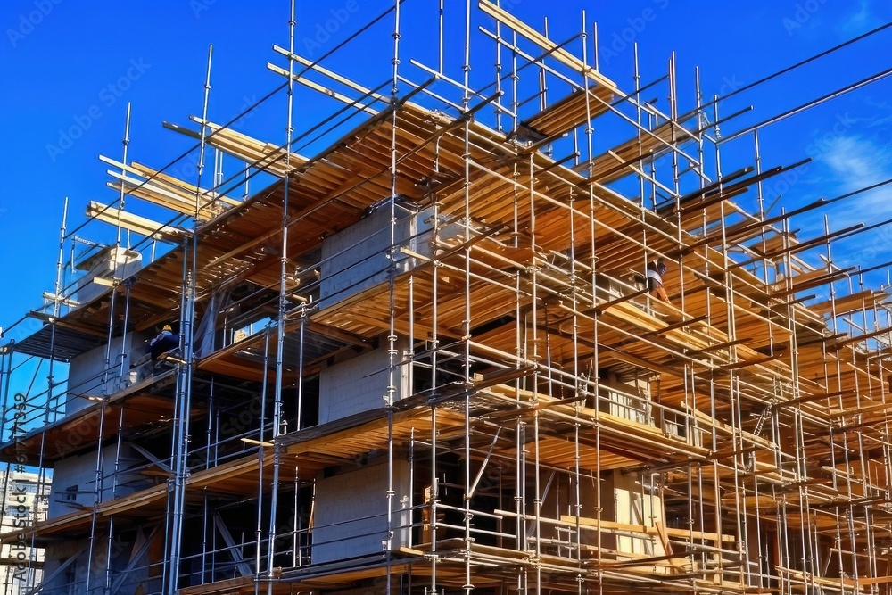 Multi-storey building under construction with scaffolding against blue sky