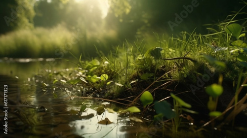 green leaves and green grass near stream morning sunlig, Generative AI