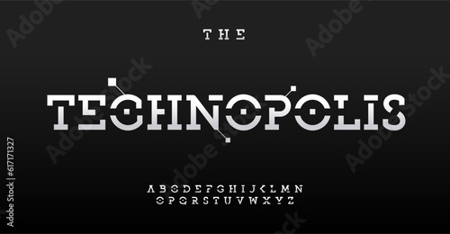 Stencil-style alphabet, bold serif letters, robust slab font for techno core logo, futuristic headline, sleek typographic design. Vector typeset